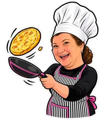 Caricatura de Angie co gorro de cociñeira dándolle a volta a unha tortilla